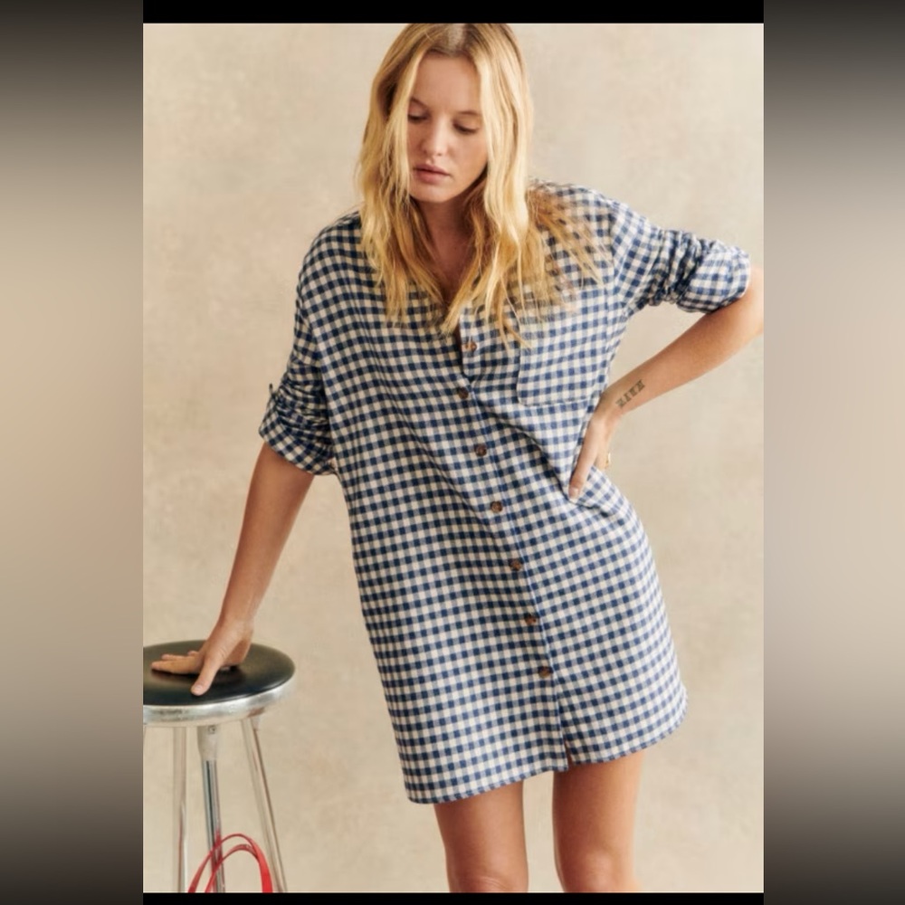Sezane Sadie Organic Cotton Flannel Dress. Ecru Blue Checks.